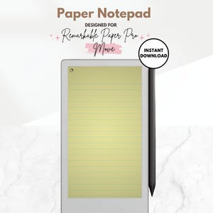Puede incluir: Un bloc de notas digital diseñado para el Remarkable Paper Pro Move. El bloc de notas tiene un diseño de papel rayado amarillo con un lápiz óptico negro en el lado derecho. Se ven las palabras "Paper Notepad" e "Instant Download".