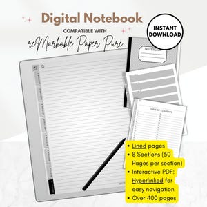 May include: A digital notebook for reMarkable Paper Pure featuring lined pages, eight sections, and a black stylus. The interface includes a table of contents and hyperlinked navigation. Text includes Digital Notebook, reMarkable Paper Pure, and Instant Download.