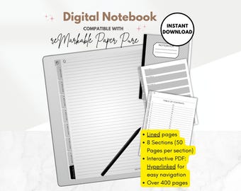 Lined Digital Notebook for reMarkable Paper Pure, 8 hyperlinked sections, interactive PDF, left & right handed template for e-ink