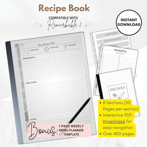 Puede incluir: Un libro de recetas digital compatible con la tableta Remarkable 2. El libro tiene 8 secciones con 50 páginas por sección, y es interactivo con hipervínculos para una fácil navegación. Incluye una plantilla de planificador de menú semanal de una página como bono.