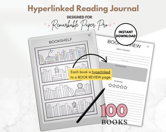 Reading Journal, 100 Book Bookshelf & Book Review, Reading Log, Book Log Template for Remarkable Paper Pro e-ink tablet