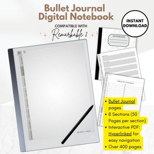 Bullet Journal Cyfrowy notatnik dla reMarkable 2, 8 hiperłączy, interaktywny plik PDF, szablon dla leworęcznych i praworęcznych do e-ink