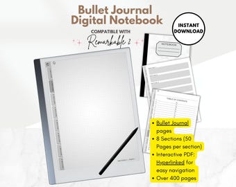 Bullet Journal Digital Notebook for reMarkable 2, 8 hyperlinked sections, interactive PDF, left & right handed template for e-ink