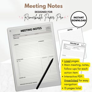 Appunti delle riunioni, verbali delle riunioni con collegamento ipertestuale, riunioni di follow-up, PDF interattivo, modello da 15 pagine per e-ink reMarkable Paper Pro
