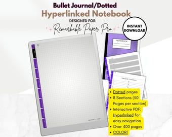 Bullet Journal Dotted Digital Notebook, Purple, 8 hyperlinked sections, interactive PDF, template for reMarkable Paper Pro