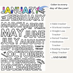 May include: Black and white printable calendar featuring the months of the year with motivational quotes. The calendar is designed to be used as a habit tracker, workout tracker, weight loss tracker, period tracker, meditation tracker, reading tracker, and sleep tracker.