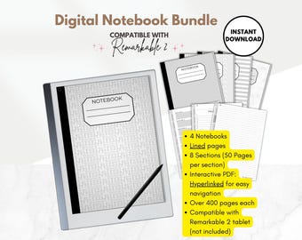 Hyperlinked Notebook Bundle, 4 Lined Digital Notebooks, interactive PDF, for e-ink reMarkable 2 tablet, template for reMarkable 2