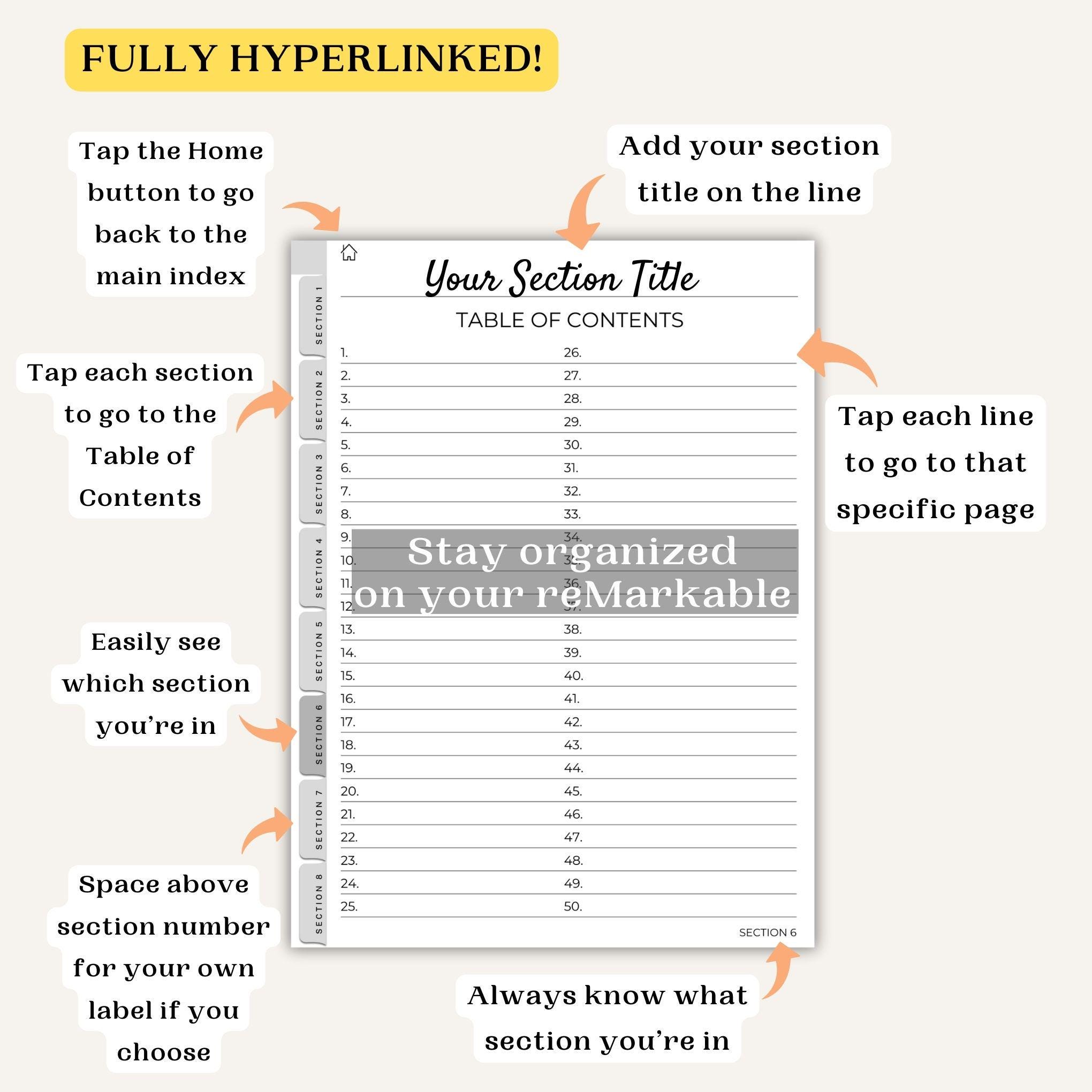 Lined Digital Notebook for Remarkable 2, 8 Hyperlinked Sections ...