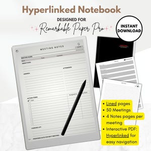 Pode incluir: Um caderno digital projetado para o tablet Remarkable Paper Pro. O caderno tem uma capa cinza com o texto "Meeting Notes" no topo. O caderno inclui 50 modelos de reunião, 4 páginas de notas por reunião e é hiperligado para fácil navegação. O caderno está disponível para download instantâneo.