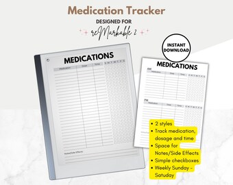 Medication Tracker Template for reMarkable 2, Medicine Log, Medication Chart, Med Schedule, Med List, Dosage Tracker for reMarkable 2 tablet