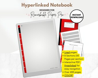 Lined Digital Notebook, Red, 8 hyperlinked sections, interactive PDF, left & right handed template for reMarkable Paper Pro