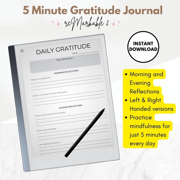 reMarkable 2 Template | Gratitude Journal, 5 Minute Gratitude, Mindful Mindfulness Journal, Self Care Journal for reMarkable 2 Tablet