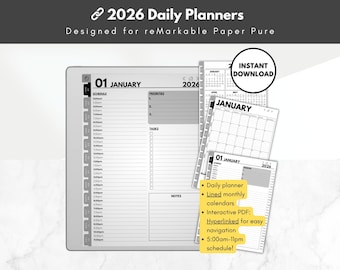2026 Daily Planners, lined calendars, Template for reMarkable Paper Pure, monthly to-do lists and goals for e-ink reMarkable Paper Pure