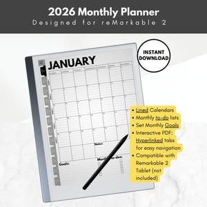 2026 Monthly Planner for reMarkable 2, lined calendars, Template for reMarkable 2, monthly to-do lists and goals for e-ink