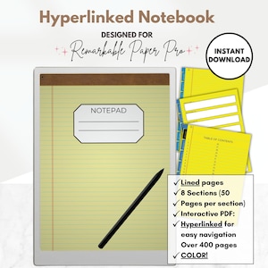 Blocco note legale giallo per reMarkable Paper Pro, 8 sezioni con collegamento ipertestuale, PDF interattivo, modello di blocco note digitale per e-ink