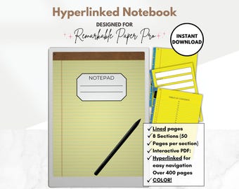 Yellow Legal Pad Notebook for reMarkable Paper Pro, 8 hyperlinked sections, interactive PDF, digital notebook template for e-ink