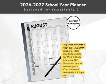 2026-2027 School Year Monthly Planner for reMarkable 2, lined calendars, Template for reMarkable 2, monthly to-do lists and goals for e-ink