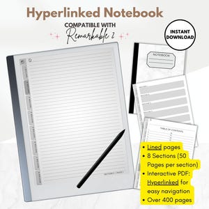 Lined Digital Notebook for reMarkable 2, 8 hyperlinked sections, interactive PDF, left & right handed template for e-ink