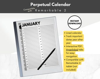 Birthday Calendar, perpetual calendar, lined calendars, simple template for reMarkable 2