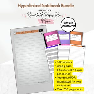 May include: Digital notebook bundle for Remarkable Paper Pro and Move. The image shows a tablet with three colorful notebooks, each with the word "Notebook" on the cover. Features include lined pages, six sections, and over 300 pages.