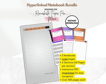 Hyperlinked Notebook Bundle for reMarkable Paper Pro MOVE, 3 Lined Digital Notebooks, interactive PDF, color templates for e-ink
