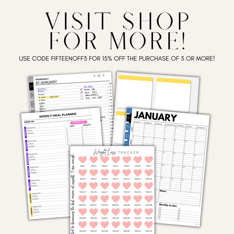 May include: A set of printable planner pages featuring a weekly meal planner, a monthly calendar, and a weight loss tracker. The pages are designed with a simple, modern aesthetic and include a variety of helpful features to help you stay organized and on track with your goals. Use code FIFTEENOFF3 for 15% off the purchase of 3 or more!