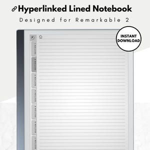 Peut inclure: Un carnet numérique conçu pour la tablette Remarkable 2. Le carnet a un fond gris avec des lignes blanches et une barre latérale grise avec sept sections étiquetées "Section 1" à "Section 7". Le texte "Téléchargement instantané" est dans un cercle blanc avec une bordure grise.