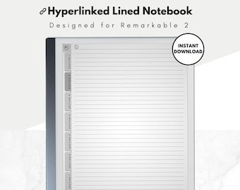 Peut inclure: Un carnet numérique conçu pour la tablette Remarkable 2. Le carnet a un fond gris avec des lignes blanches et une barre latérale grise avec sept sections étiquetées "Section 1" à "Section 7". Le texte "Téléchargement instantané" est dans un cercle blanc avec une bordure grise.