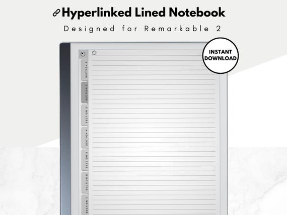 Lined Digital Notebook, 8 hyperlinked sections, interactive PDF, left & right handed template for reMarkable 2 e-ink tablet