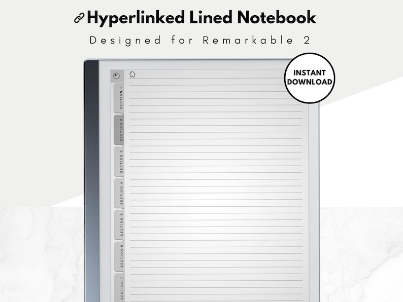 May include: A digital notebook designed for the Remarkable 2 tablet. The notebook has a gray background with white lines and a gray sidebar with seven sections labeled "Section 1" through "Section 7". The text "Instant Download" is in a white circle with a gray border.