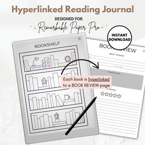 Diario di lettura, scaffale per 50 libri e recensione di libri, registro di lettura, modello di registro dei libri per tablet e-ink Remarkable Paper Pro