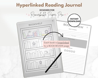 Reading Journal, 50 Book Bookshelf & Book Review, Reading Log, Book Log Template for Remarkable Paper Pro e-ink tablet