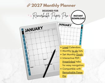 2027 Monthly Planners Template, lined calendars, color template, monthly to-do lists, goals for e-ink reMarkable Paper Pro