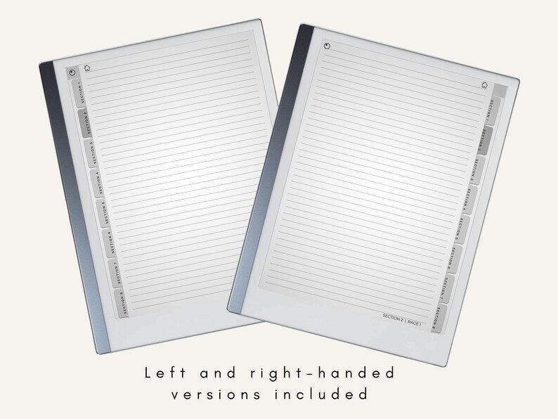 May include: Two blank lined pages with a gray binder on the left and right sides. The pages have a gray tabbed index on the right side. The text "SECTION 1 / PAGE 1" is printed on the bottom right corner of the page.