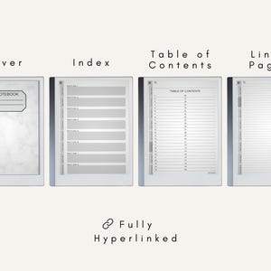 May include: A digital notebook with a white marble cover, an index page, a table of contents, and lined pages. The notebook is fully hyperlinked.