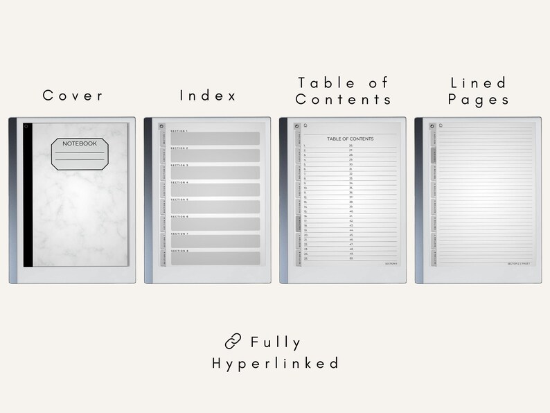 May include: A digital notebook with a white marble cover, an index page, a table of contents, and lined pages. The notebook is fully hyperlinked.