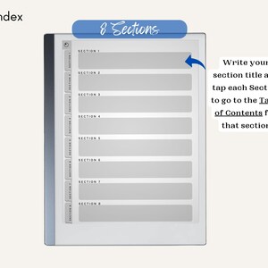 May include: A white digital planner with a blue header that says "8 Sections". The planner has eight sections for writing section titles and tapping to go to the Table of Contents for that section.