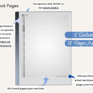 May include: A white digital notebook with a black frame and 8 sections, each with 50 lined pages. The notebook has hyperlinked tabs to quickly navigate to each section's table of contents. A navigation link at the top of the notebook allows you to return to the main index.