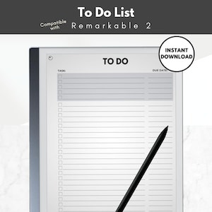 Puede incluir: Una plantilla de lista de tareas en blanco y negro para la tableta Remarkable 2. La plantilla tiene una sección para las tareas y una sección para las fechas de vencimiento. La plantilla se muestra en una tableta con un lápiz negro.