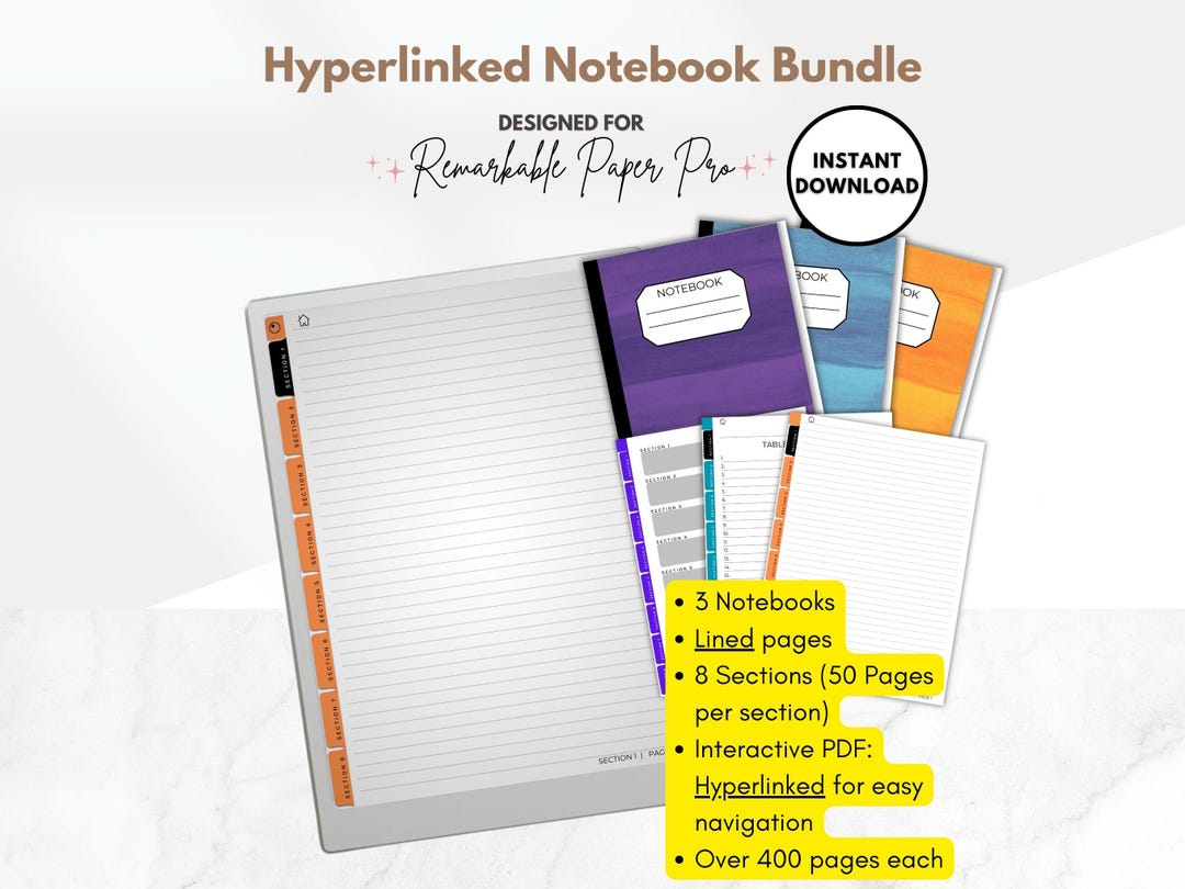 Hyperlinked Notebook Bundle in Color, 3 Lined Digital Notebooks ...