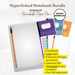 Hyperlinked Notebook Bundle in Color, 3 Lined Digital Notebooks, interactive PDF, templates for e-ink reMarkable Paper Pro tablet