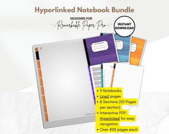 Hyperlinked Notebook Bundle in Color, 3 Lined Digital Notebooks, interactive PDF, templates for e-ink reMarkable Paper Pro tablet