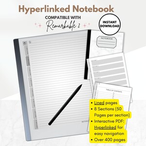 Lined Digital Notebook for reMarkable 2, 8 hyperlinked sections, interactive PDF, left & right handed template for e-ink