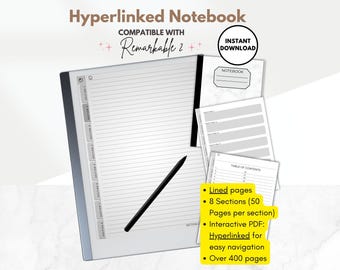 Lined Digital Notebook for reMarkable 2, 8 hyperlinked sections, interactive PDF, left & right handed template for e-ink