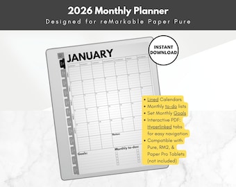 2026 Monthly Planner for reMarkable Paper Pure, lined calendars, Template for reMarkable Paper Pure, monthly to-do lists and goals for e-ink