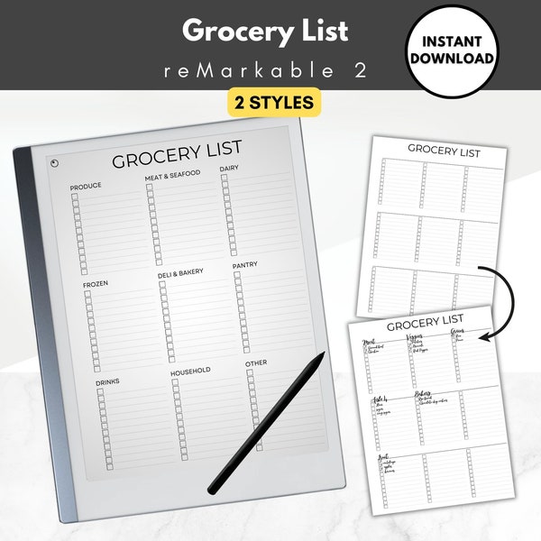 reMarkable 2 Template | Grocery List Checklist, Shopping List, 2 styles, Left and Right Handed for menu planning, for reMarkable 2 tablet