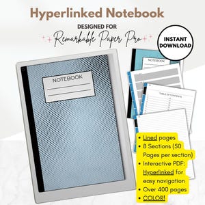 Modello di quaderno digitale a righe per reMarkable Paper Pro, blu, 8 sezioni con collegamento ipertestuale, modello PDF interattivo per prendere appunti