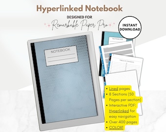 Peut inclure: Un carnet numérique avec un motif de pois bleu et blanc affiché sur l'écran d'une tablette. Le carnet est conçu pour le Remarkable Paper Pro et comprend 8 sections avec 50 pages par section. Le carnet est interactif et hyperlié pour une navigation facile. Le carnet contient plus de 400 pages et est disponible en téléchargement instantané.