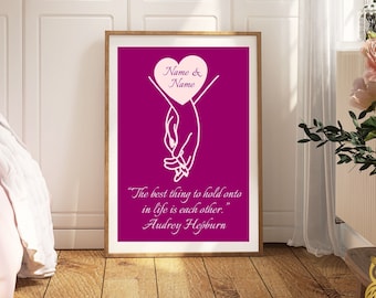 Art mural élégant Love Wisdom, cadeau de mariage personnalisé ou souvenir d'anniversaire, impression citation Audrey Hepburn, décoration tendance baies riches