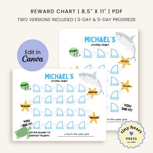 May include: Two reward charts, 8.5" x 11" PDF, with a shark theme. One chart has a 3-day progress, the other a 5-day progress. The charts include the text "Michael's Sticker Chart", shark fins, starfish, and the words "Reward" and "You Did It!"
